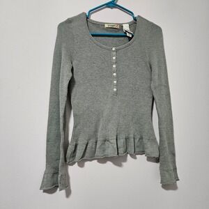 Stamp 10 Y2K Womens Henley Gray Ribbed Knit Peplum Top Long‎ Sleeve Size Medium
